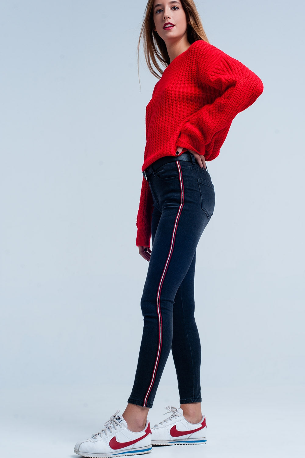 Black Skinny Jeans with Red Side Stripe Q2 Jeans BoutiqueLua