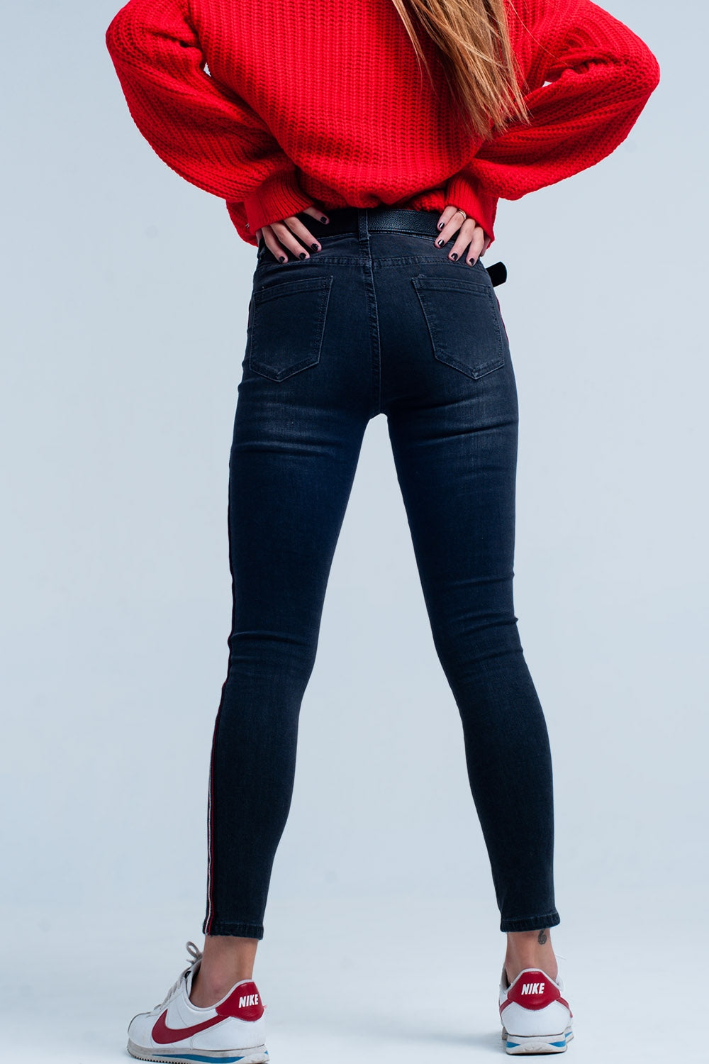 Black Skinny Jeans with Red Side Stripe Q2 Jeans BoutiqueLua