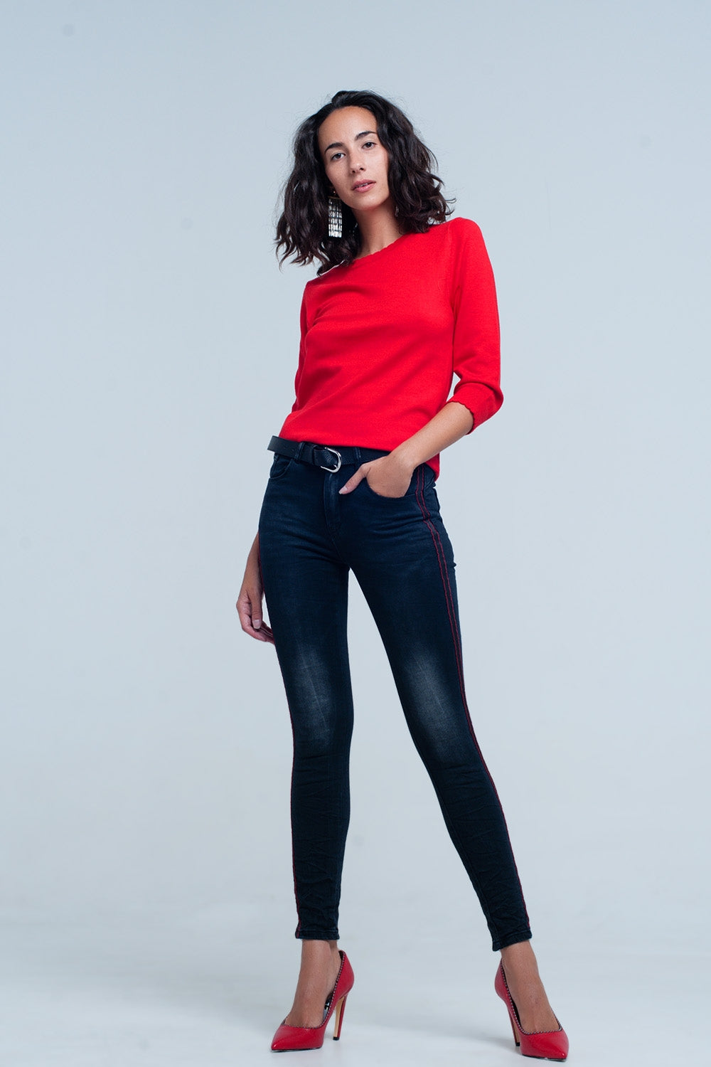 Black skinny leg jeans with side stripe Q2 Jeans BoutiqueLua