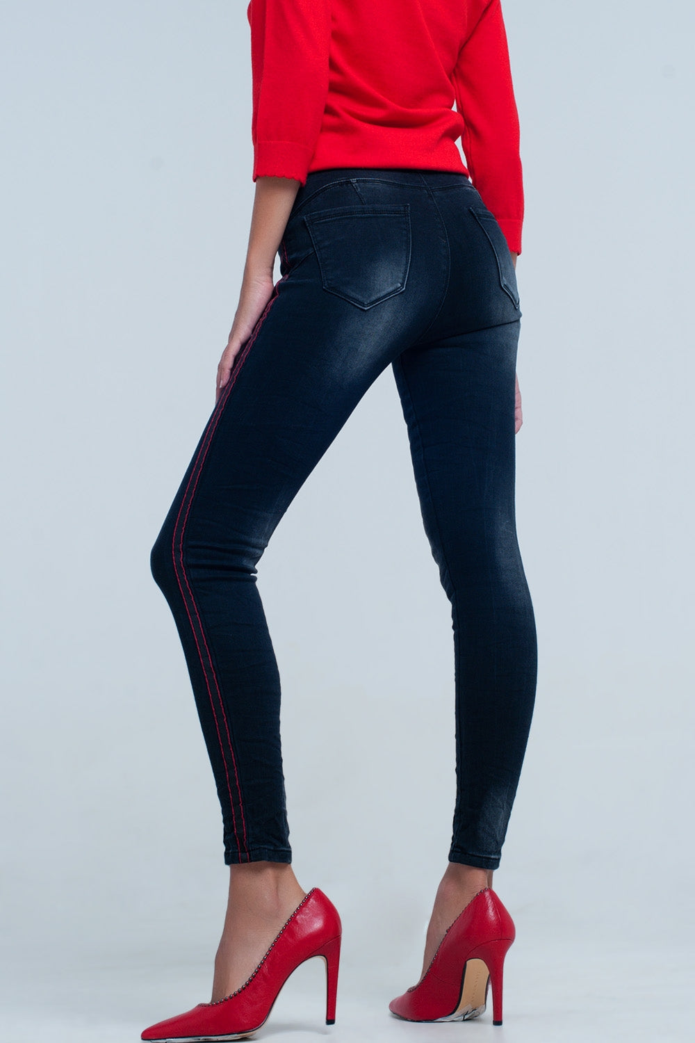 Black skinny leg jeans with side stripe Q2 Jeans BoutiqueLua