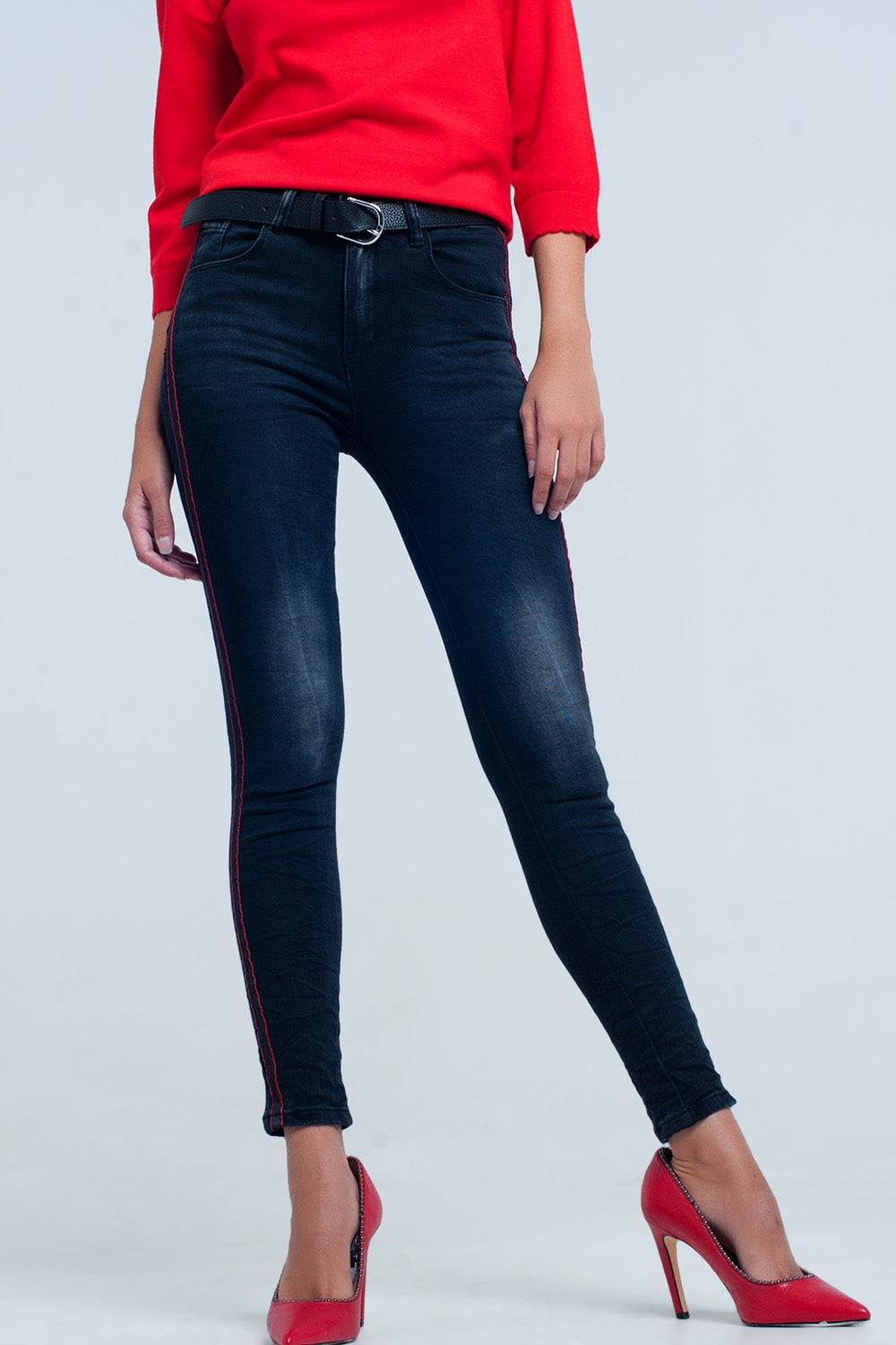 Black skinny leg jeans with side stripe Q2 Jeans BoutiqueLua