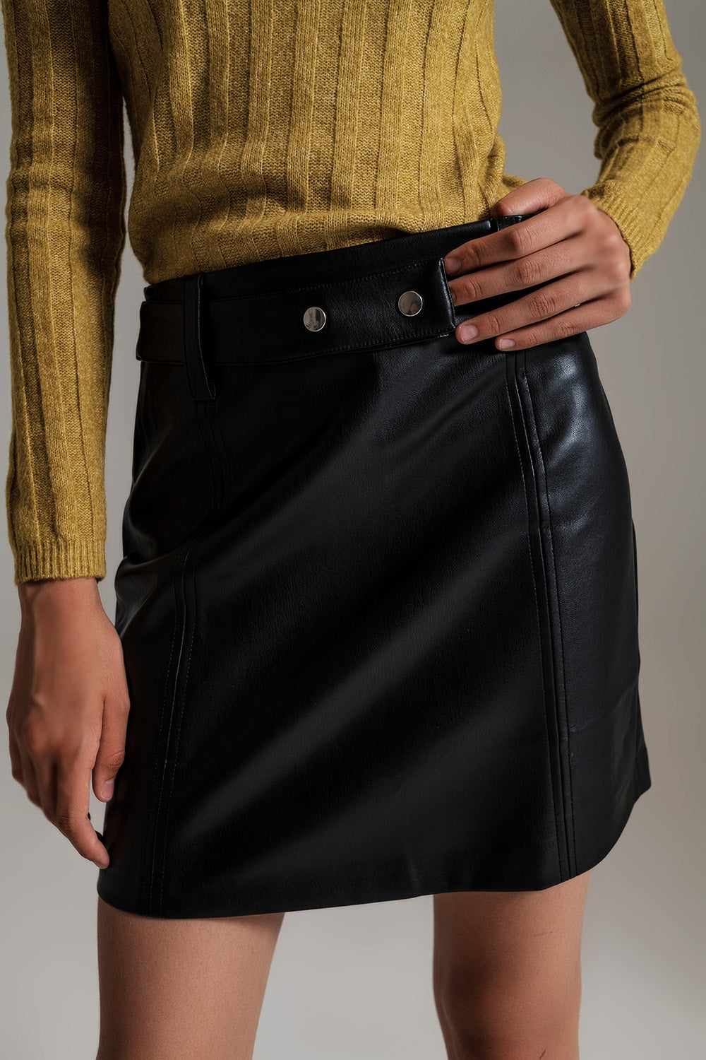 Black Straight faux leather mini skirt with belt Q2 Skirts BoutiqueLua