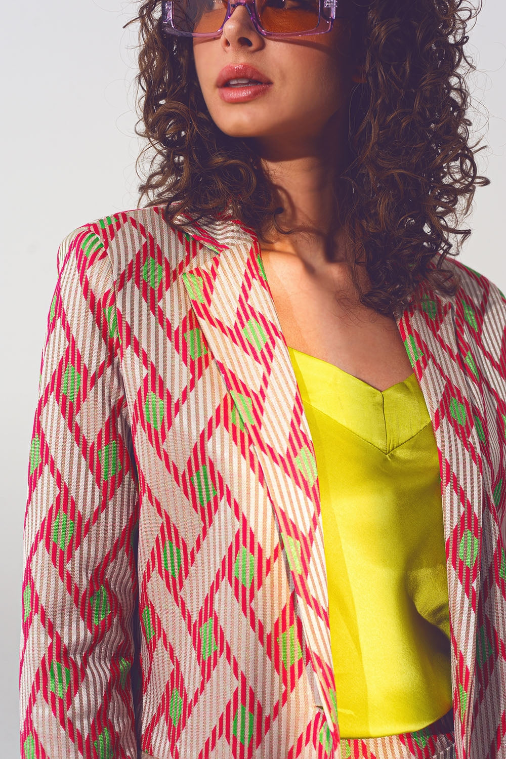 Blazer in pink geometric print Q2 Coats and Jackets BoutiqueLua