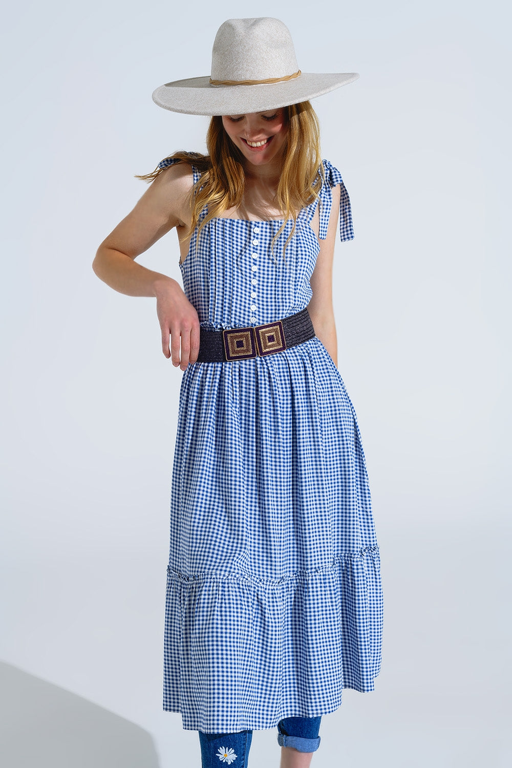 Blue and White Gingham A-line Dress With Adjustable Straps Q2 Dresses BoutiqueLua