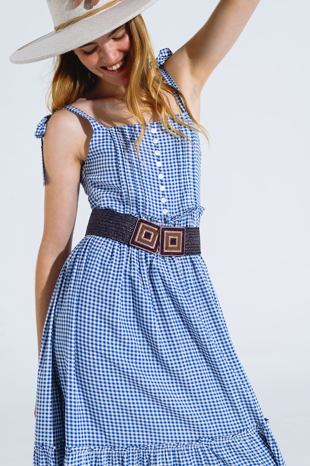 Blue and White Gingham A-line Dress With Adjustable Straps Q2 Dresses BoutiqueLua