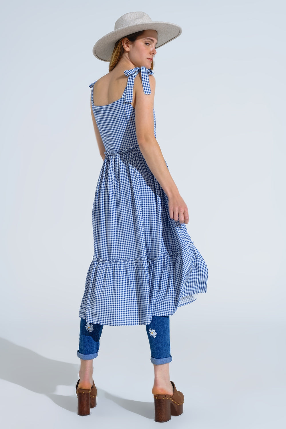 Blue and White Gingham A-line Dress With Adjustable Straps Q2 Dresses BoutiqueLua