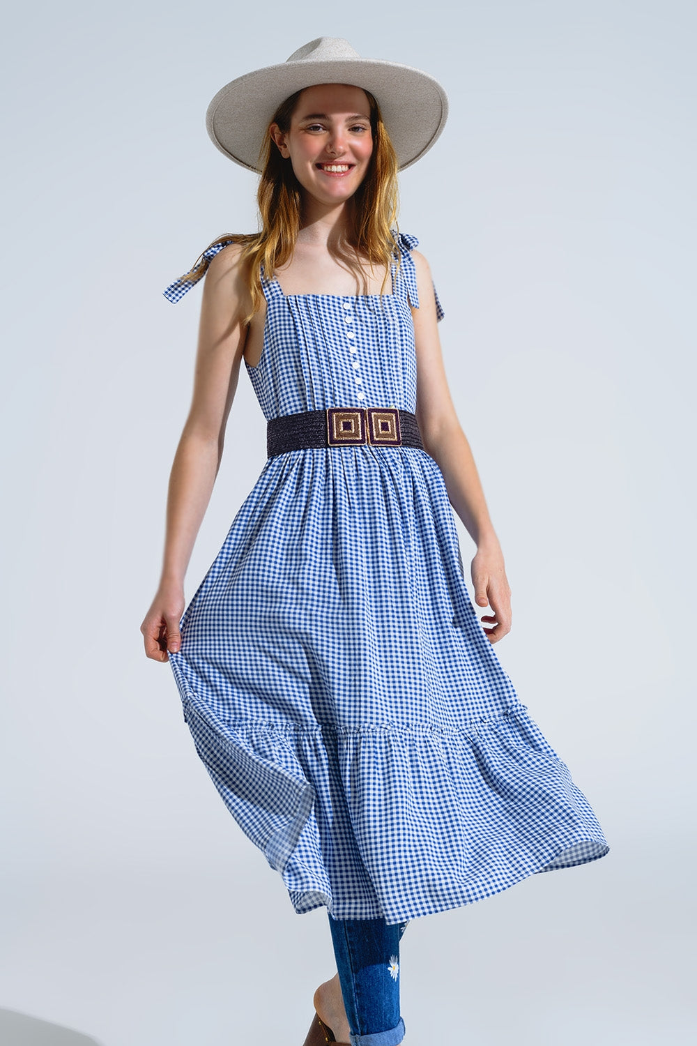 Blue and White Gingham A-line Dress With Adjustable Straps Q2 Dresses BoutiqueLua