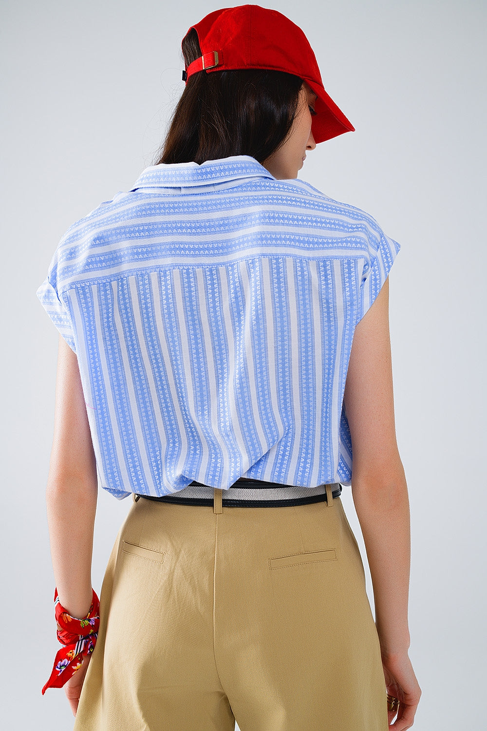 Blue Blouse With Vertical Stripes And Short Sleeves Q2 Shirts BoutiqueLua