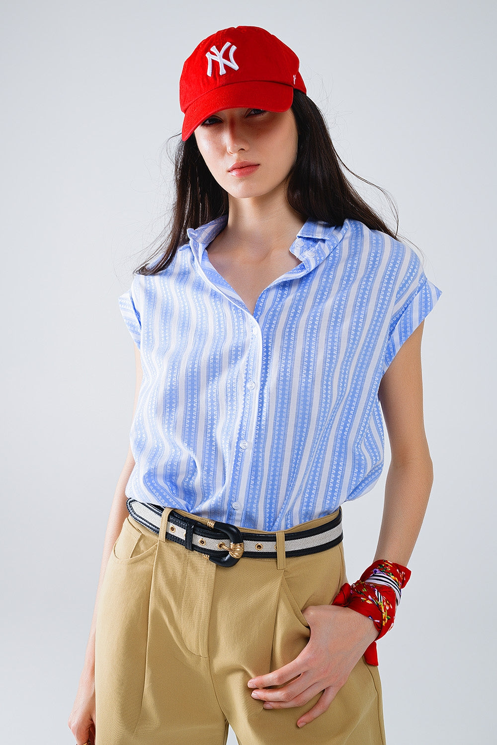 Blue Blouse With Vertical Stripes And Short Sleeves Q2 Shirts BoutiqueLua