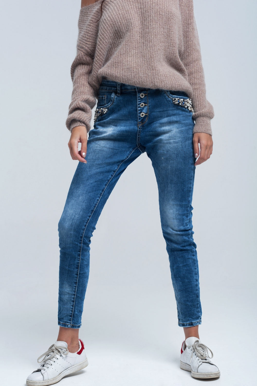 Blue boyfriend jeans with pearls Q2 Jeans BoutiqueLua