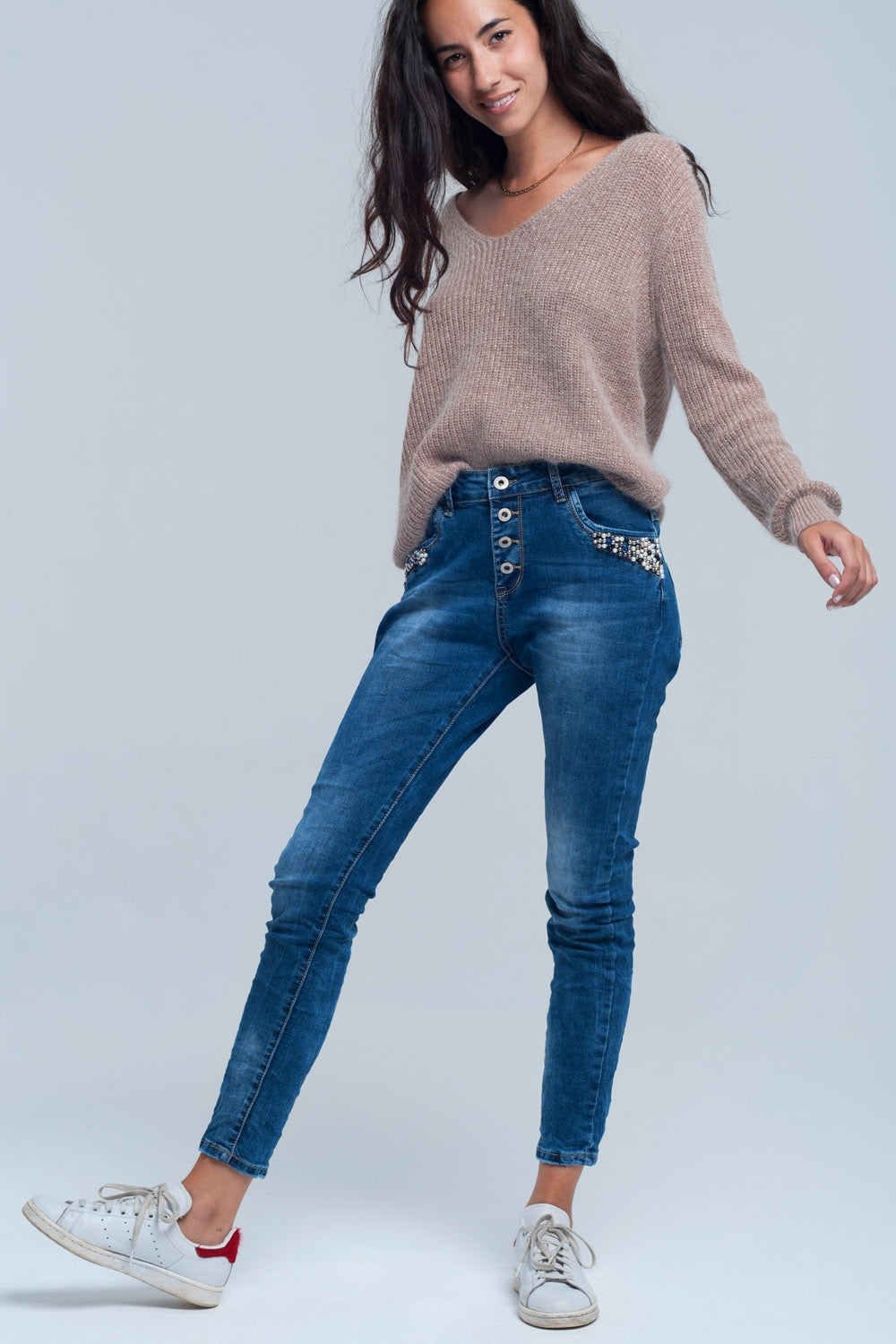 Blue boyfriend jeans with pearls Q2 Jeans BoutiqueLua