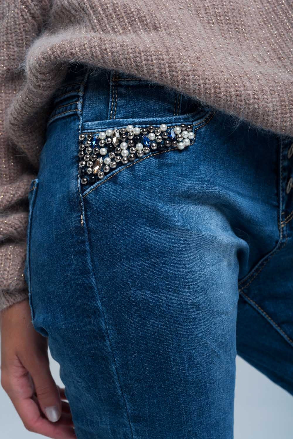 Blue boyfriend jeans with pearls Q2 Jeans BoutiqueLua