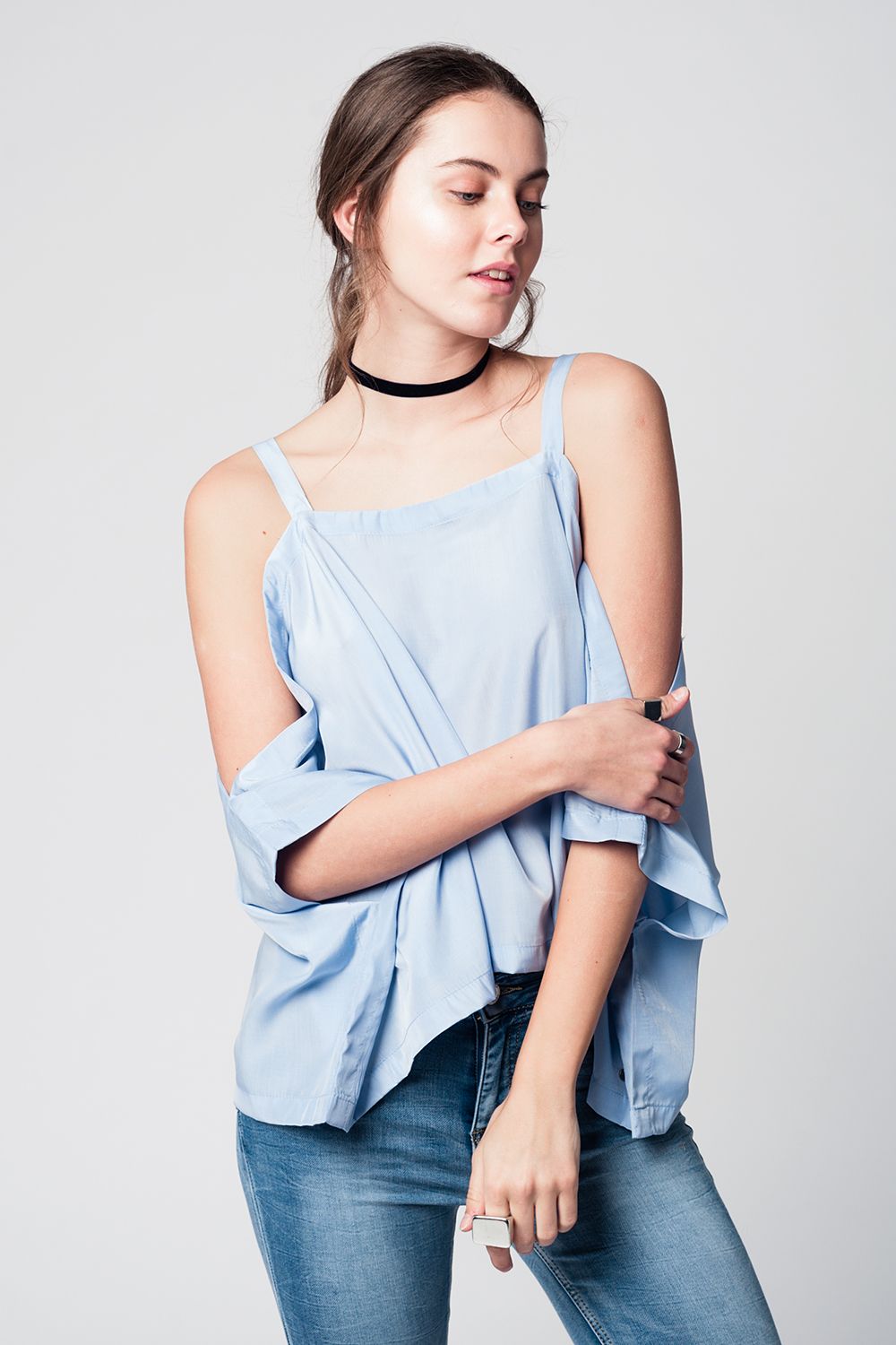 Q2 Blue cold shoulders top