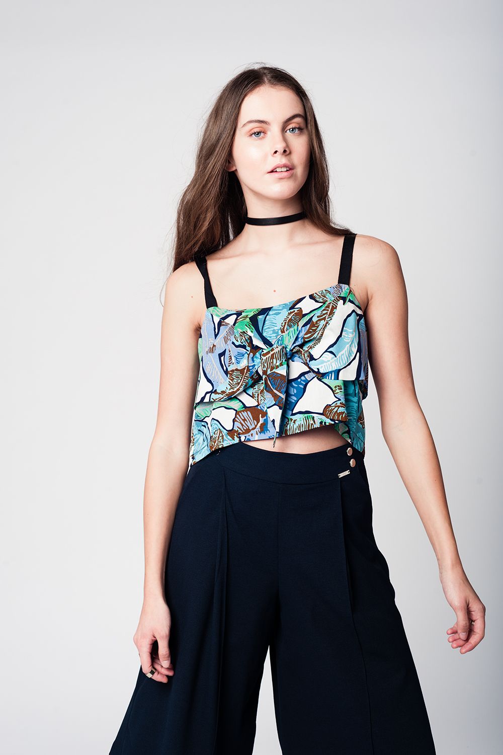 Q2 Blue crop top with leaves print