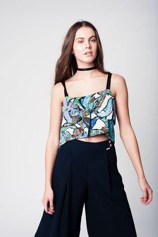 Crop top bleu avec imprimé feuilles