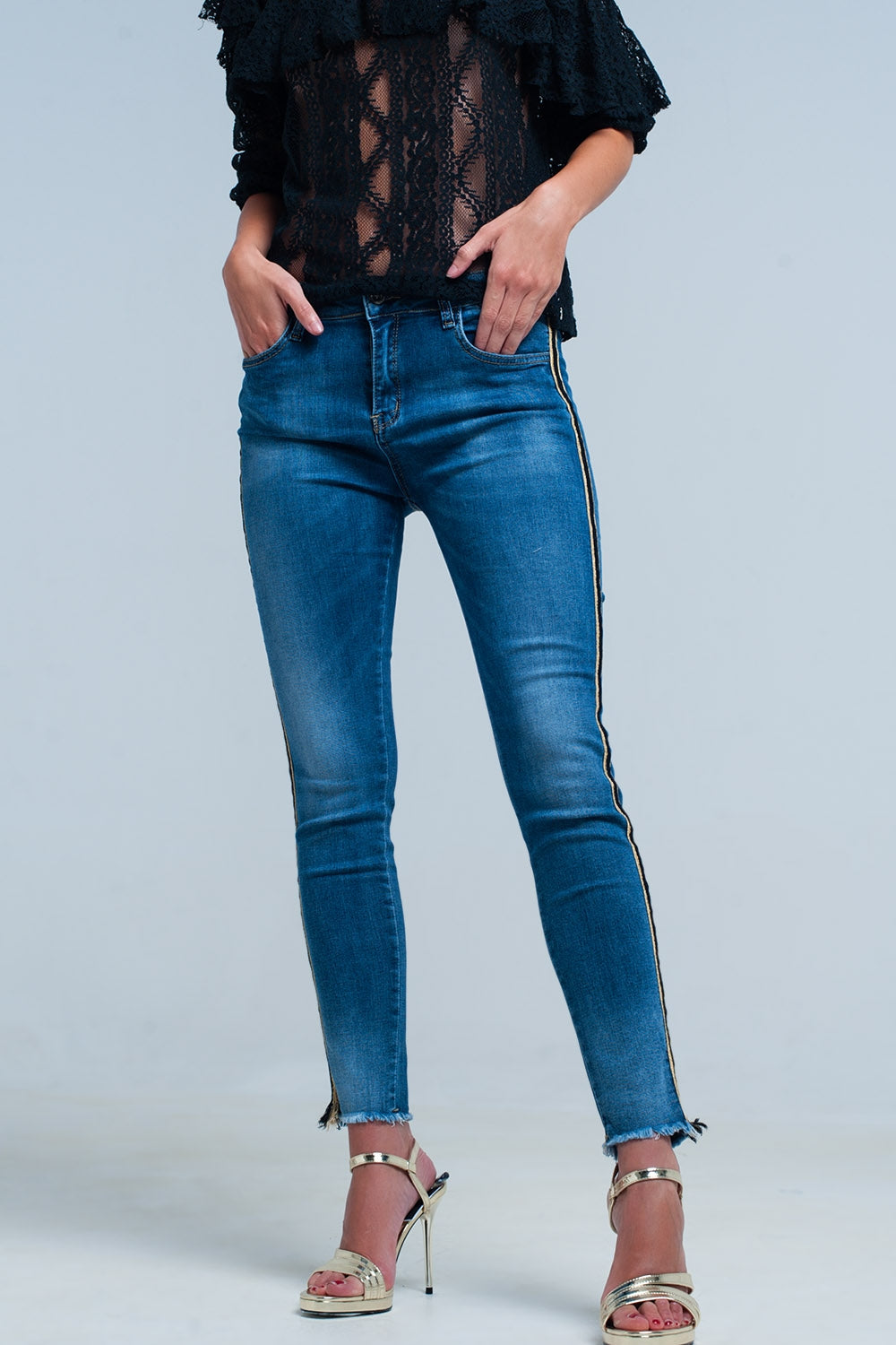 Blue denim pants with gold and black sideband Q2 Jeans BoutiqueLua