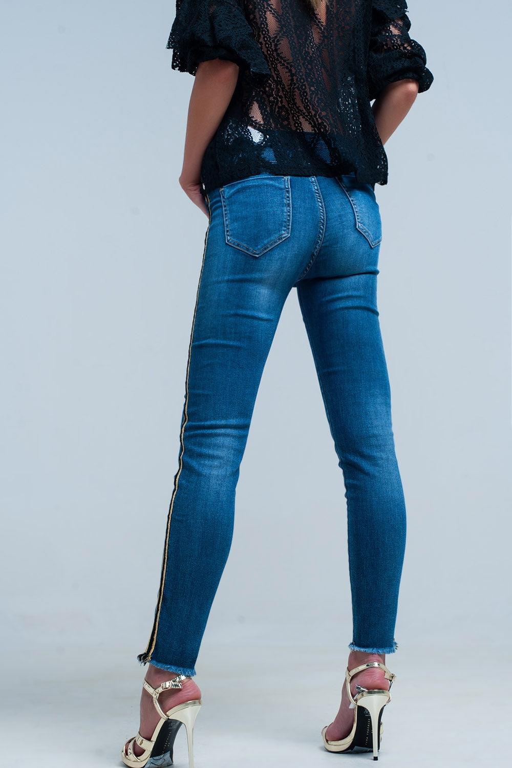 Blue denim pants with gold and black sideband Q2 Jeans BoutiqueLua