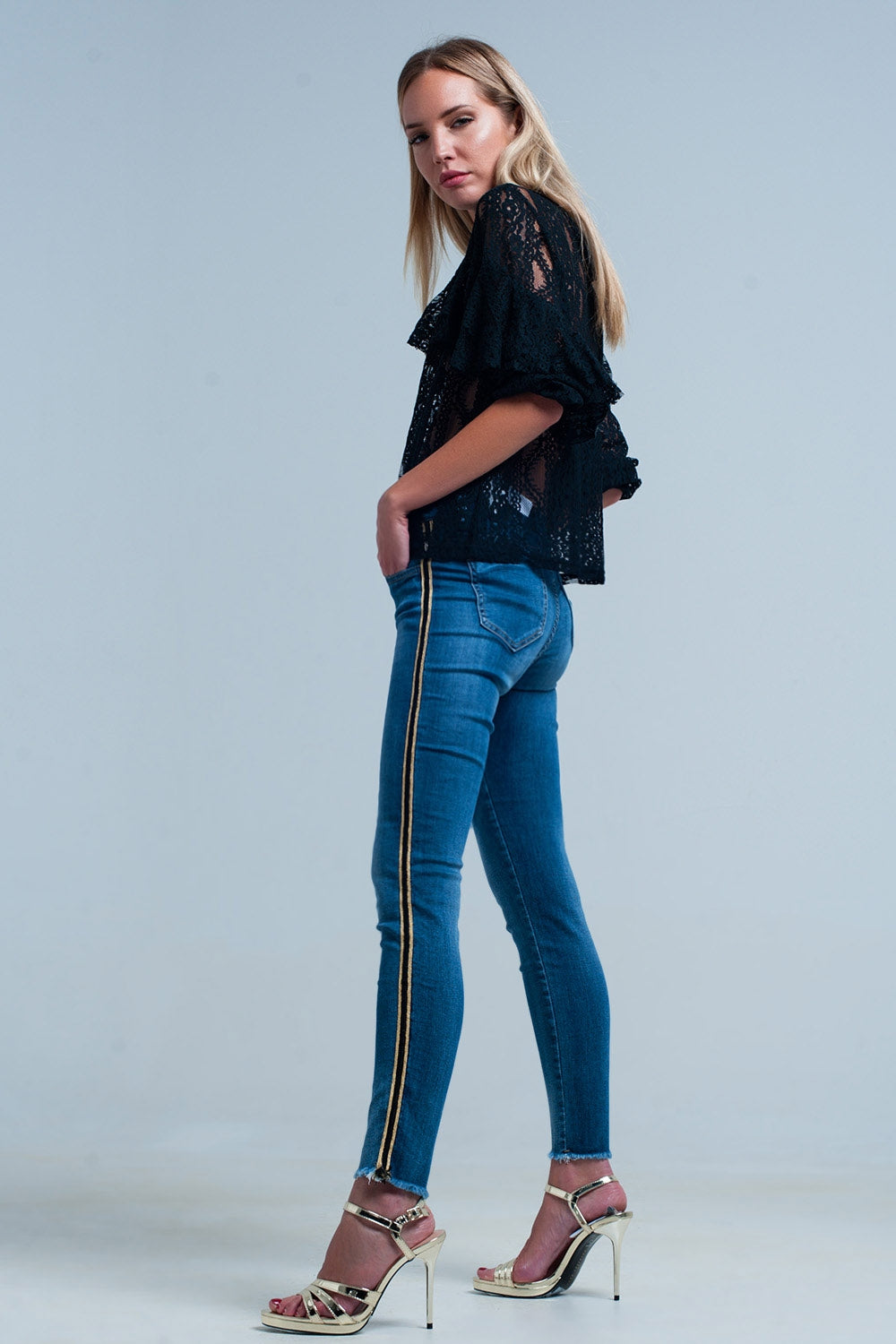 Blue denim pants with gold and black sideband Q2 Jeans BoutiqueLua