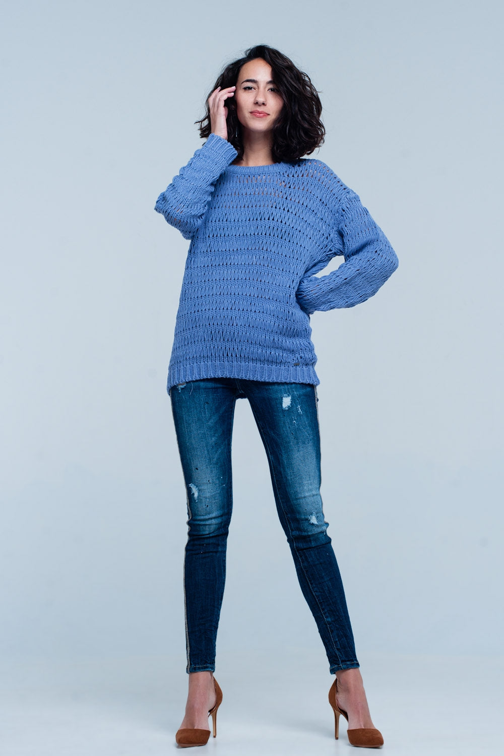 Blue Dropstitch Knitted Sweater Q2 Sweaters BoutiqueLua