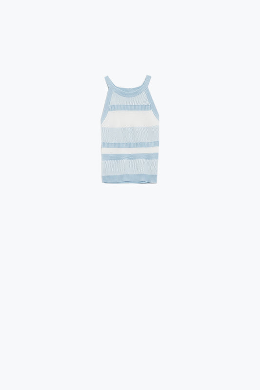 Q2 Blue Halter Tank top With Stripe Design In Different Knits