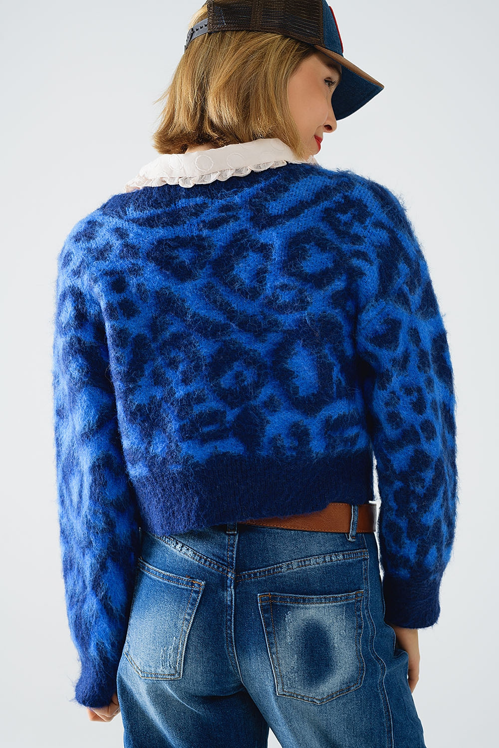 blue leopard print cardigan made of knitted fabric with wool Q2 Sweaters BoutiqueLua