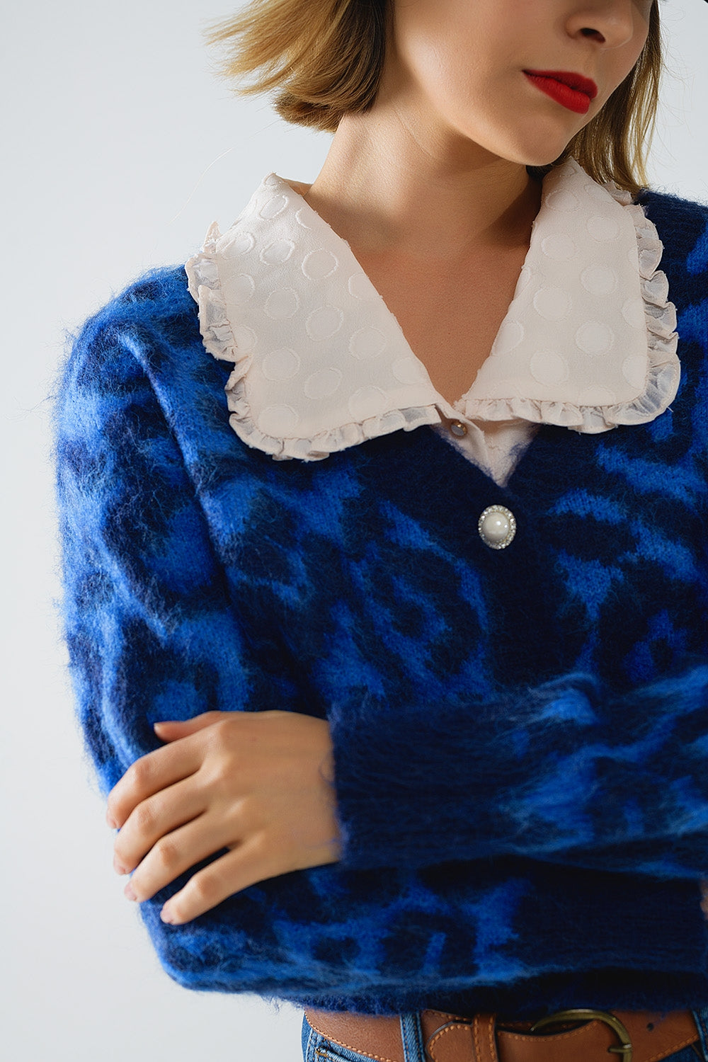 blue leopard print cardigan made of knitted fabric with wool Q2 Sweaters BoutiqueLua