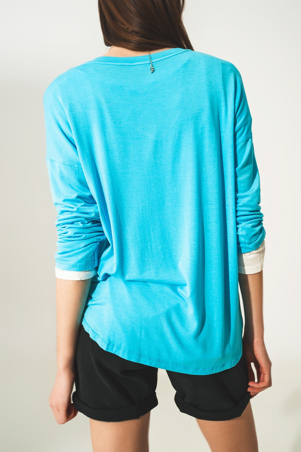 Blue long sleeve v neck top in modal Q2 Tops BoutiqueLua