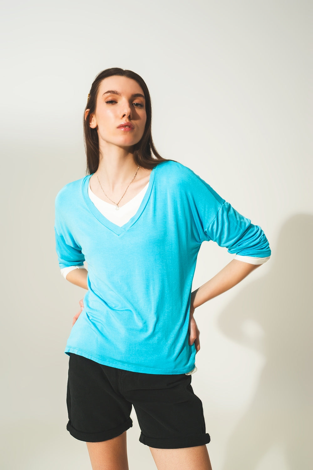 Blue long sleeve v neck top in modal Q2 Tops BoutiqueLua