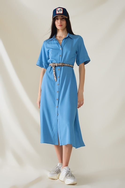 Q2 Blue Maxi Shirt Dress With Polo Collar