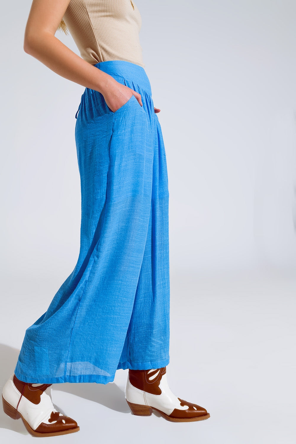 Blue Palazzo style Pants With Side Pockets And Thick Waist Band Q2 Pants BoutiqueLua