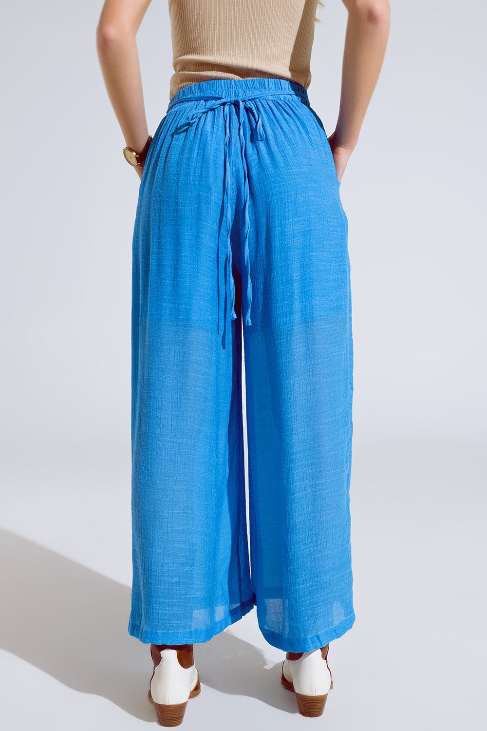 Blue Palazzo style Pants With Side Pockets And Thick Waist Band Q2 Pants BoutiqueLua