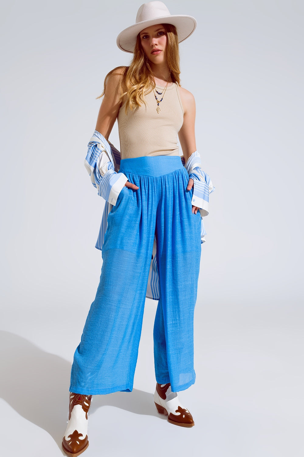 Blue Palazzo style Pants With Side Pockets And Thick Waist Band Q2 Pants BoutiqueLua