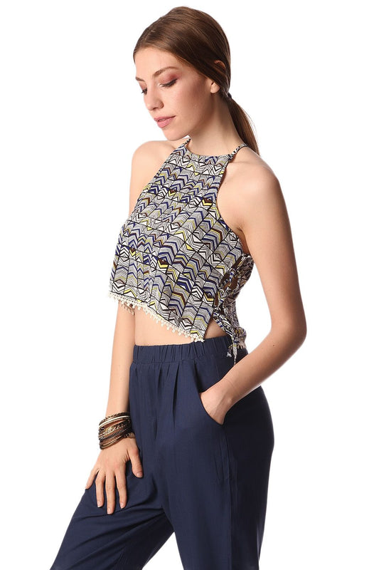 Q2 Blue printed crop top with lace up side detail