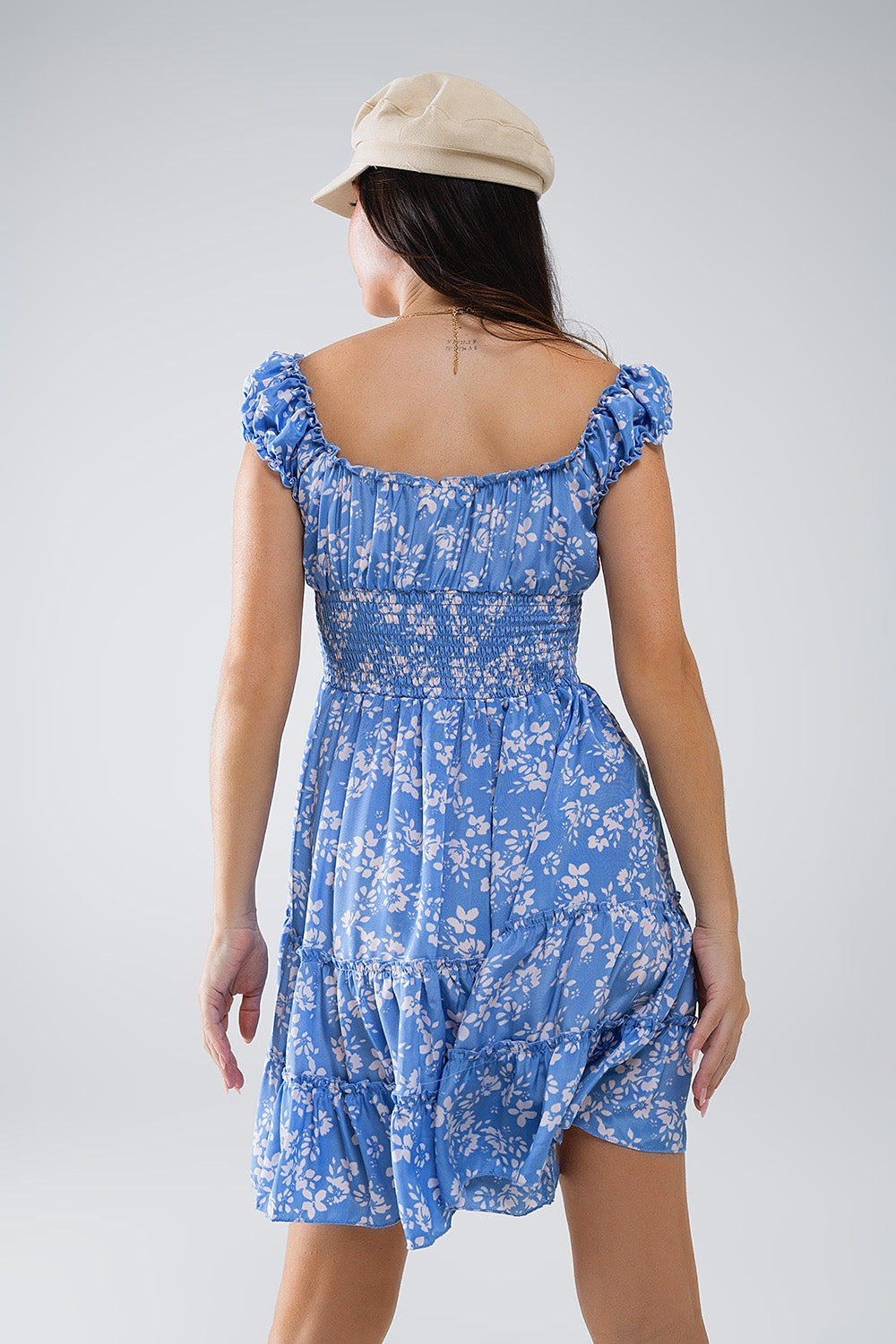 Blue Short dress With White Floral Print And Elastic Waist Q2 Dresses BoutiqueLua