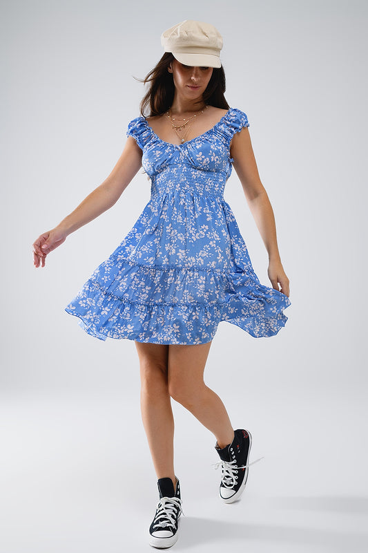 Q2 Blue Short dress With White Floral Print And Elastic Waist