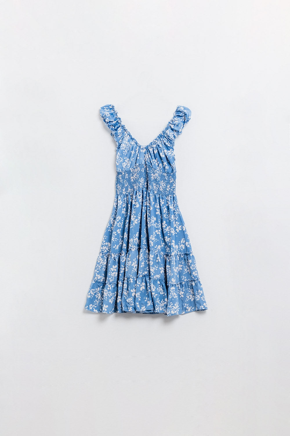 Blue Short dress With White Floral Print And Elastic Waist Q2 Dresses BoutiqueLua