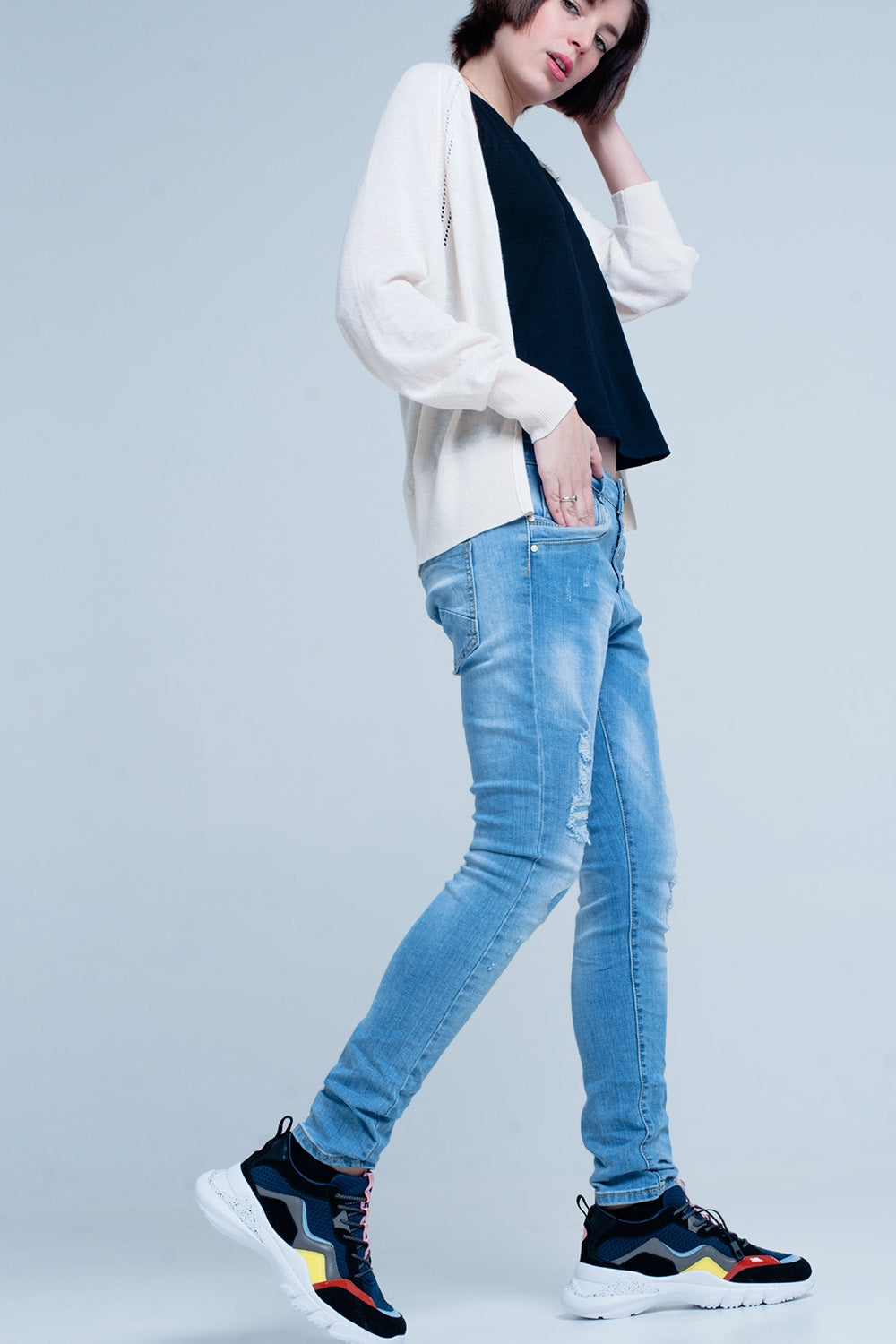 Blue Slashed Boyfriend Jeans Q2 Jeans BoutiqueLua