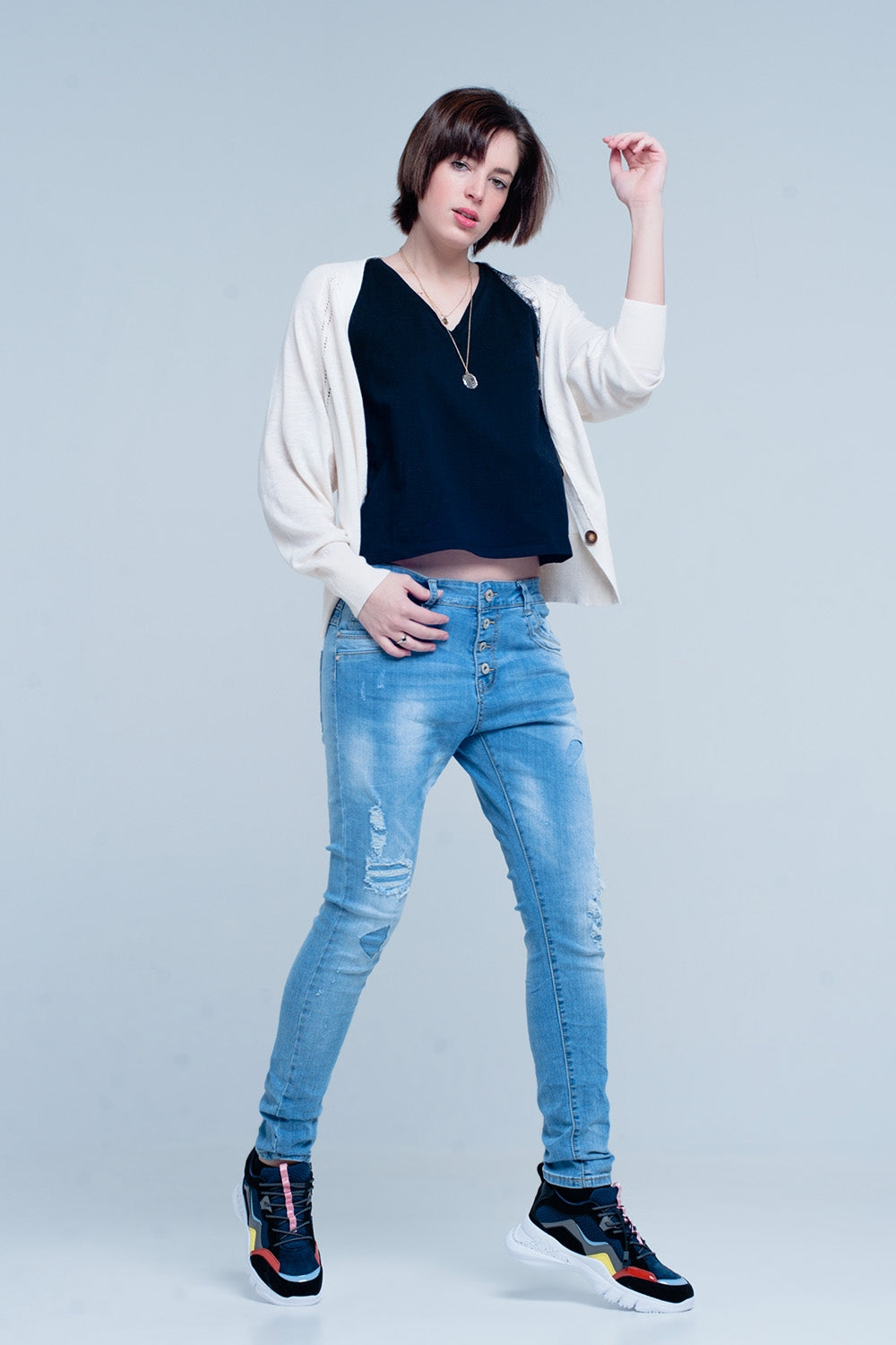 Blue Slashed Boyfriend Jeans Q2 Jeans BoutiqueLua