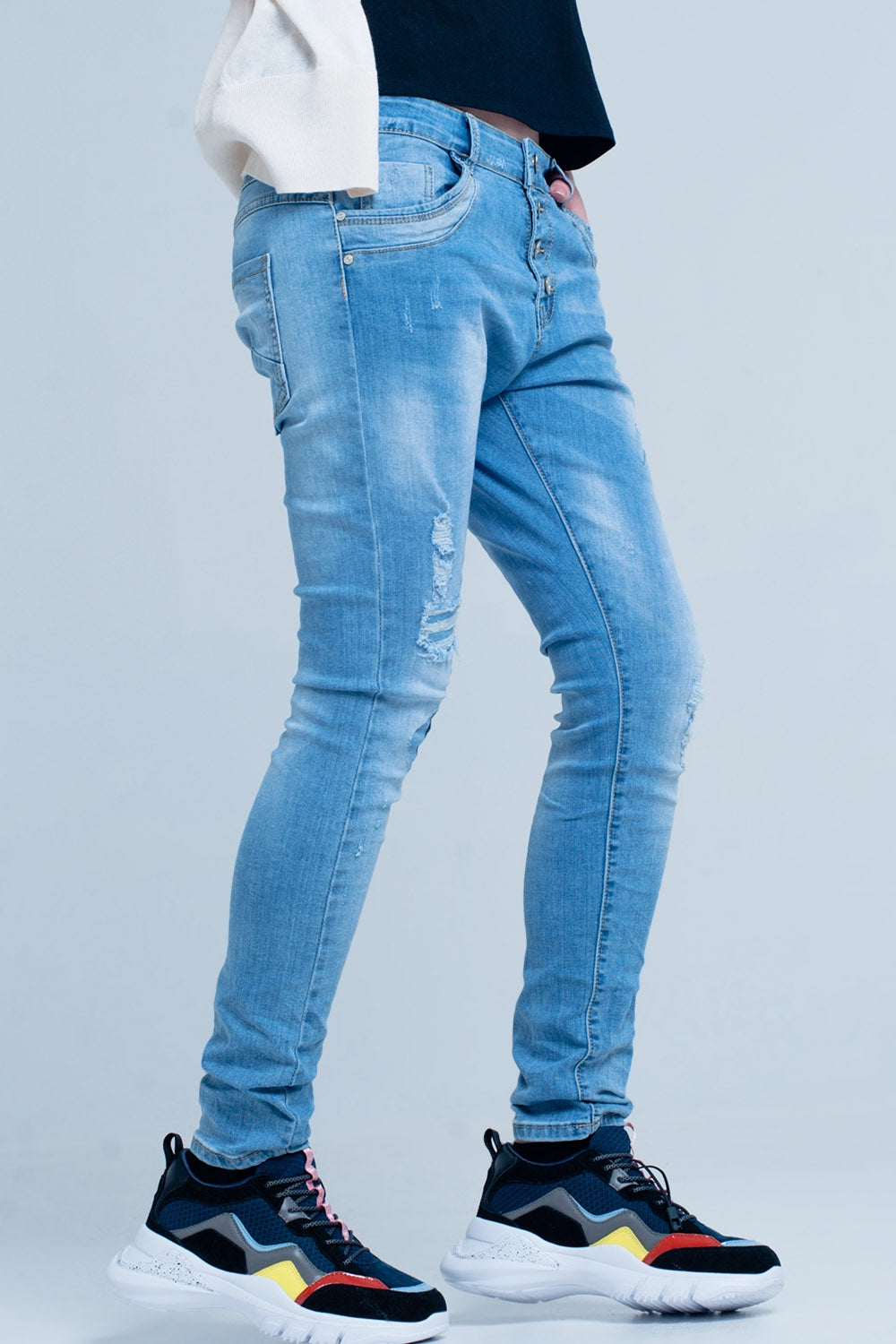 Blue Slashed Boyfriend Jeans Q2 Jeans BoutiqueLua