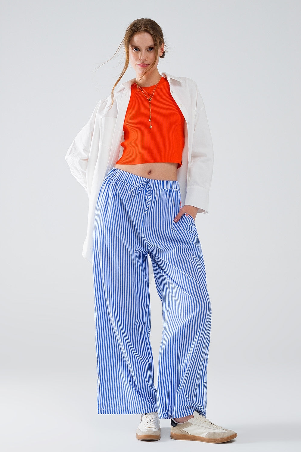 Blue Striped Pants with Elastic Waist and Pockets Q2 Pants BoutiqueLua