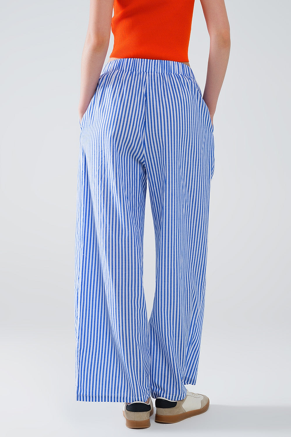 Blue Striped Pants with Elastic Waist and Pockets Q2 Pants BoutiqueLua