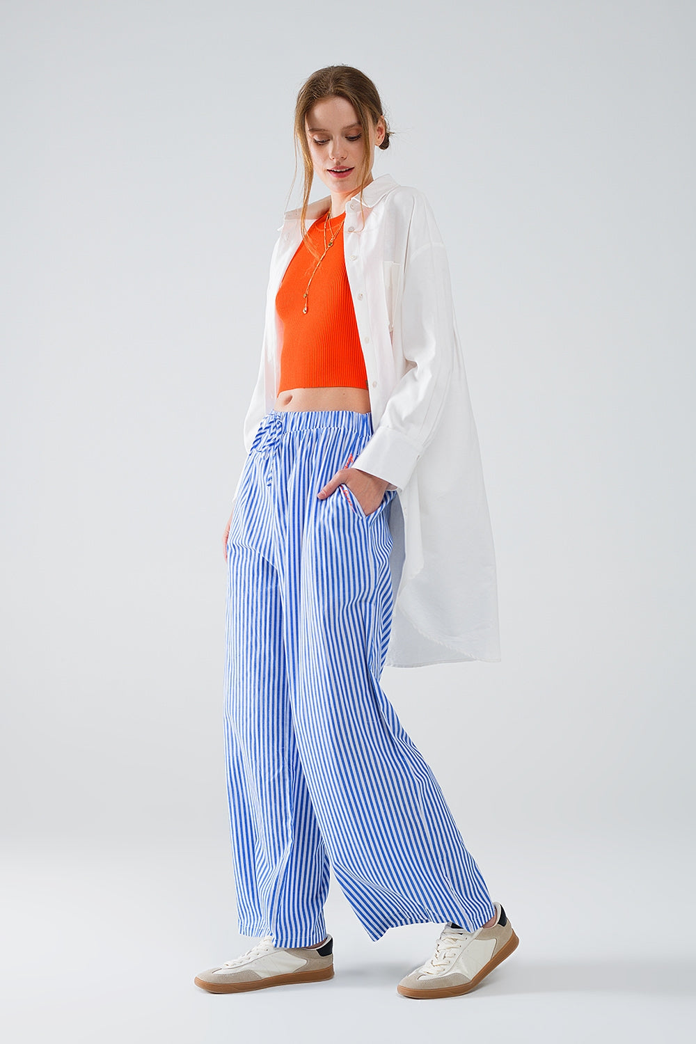 Blue Striped Pants with Elastic Waist and Pockets Q2 Pants BoutiqueLua