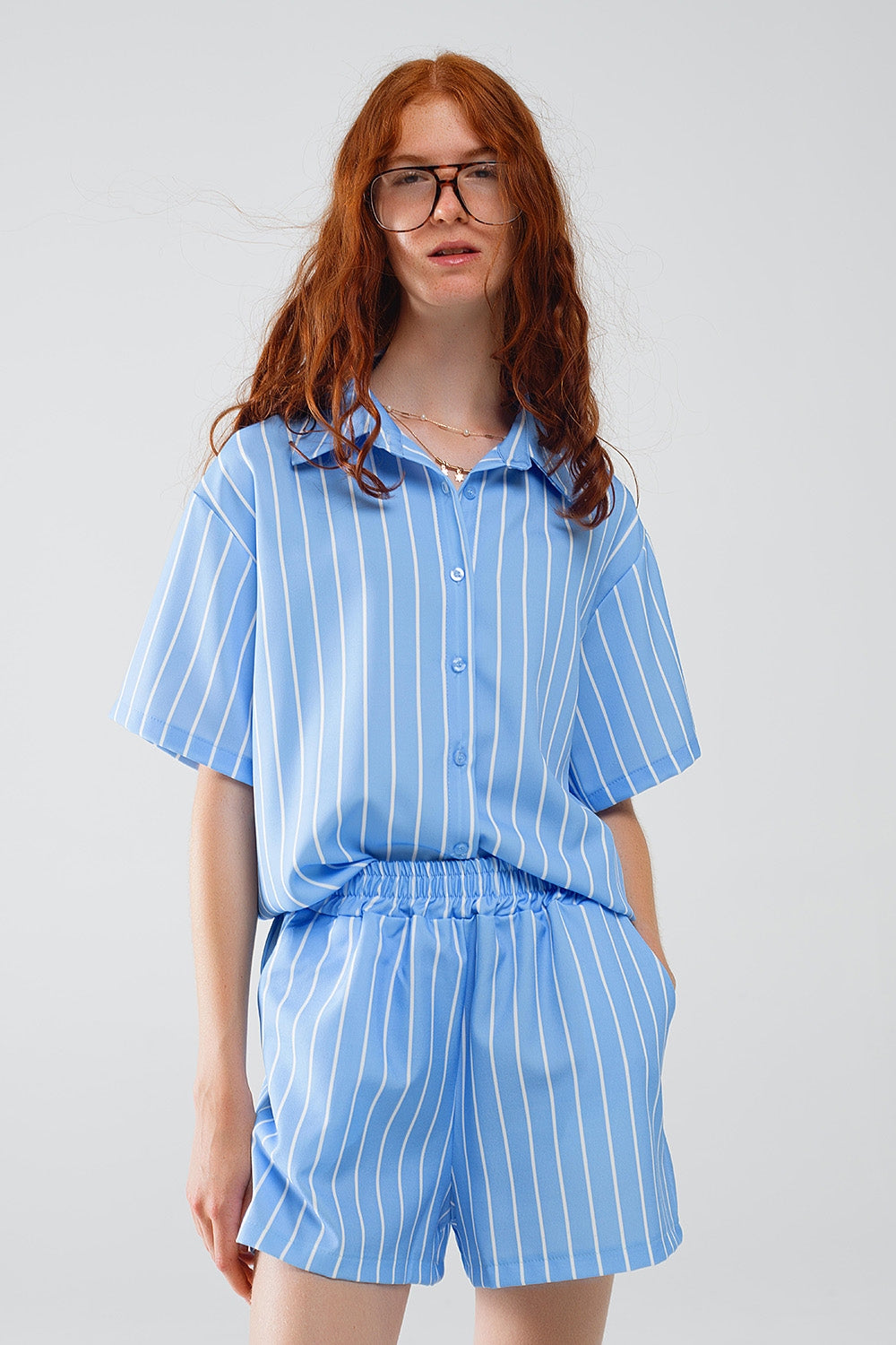 Blue Striped Short-Sleeved Shirt Q2 Shirts BoutiqueLua