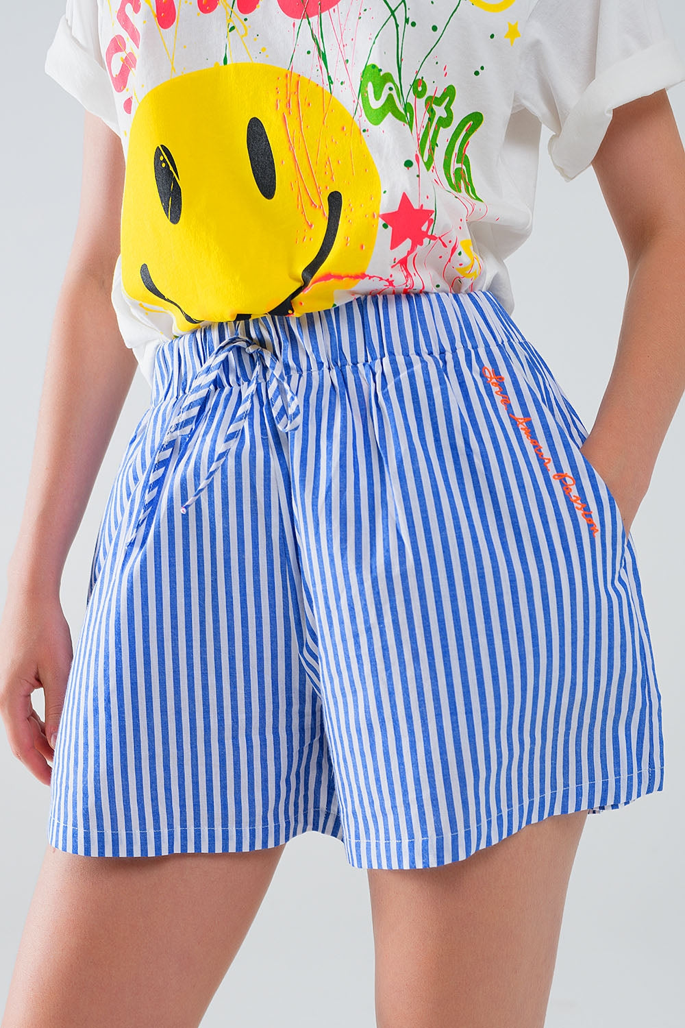 Blue Striped Shorts with Elastic Waist and Pockets Q2 Pants BoutiqueLua