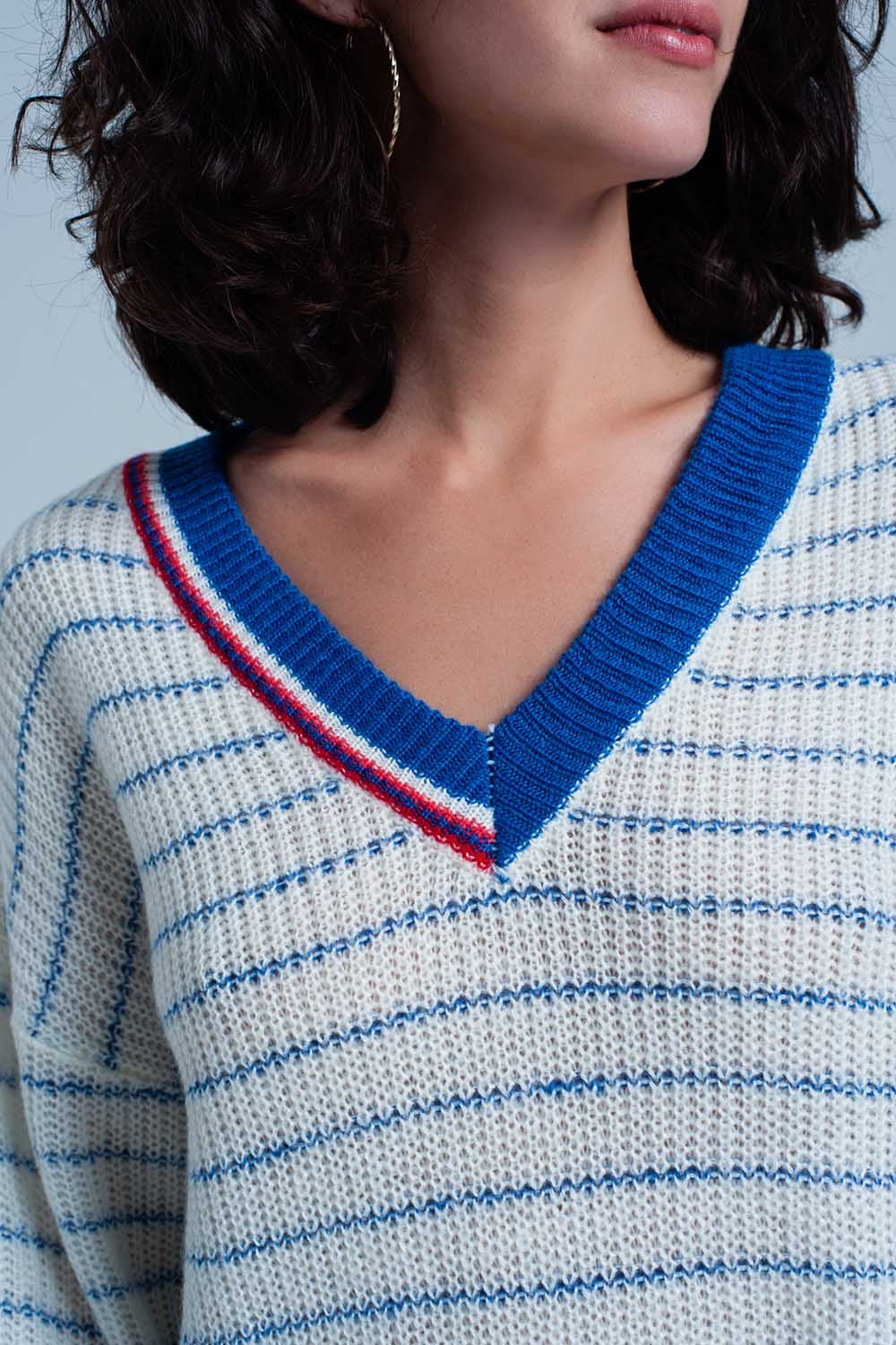 Blue Striped Sweater with V-neck Q2 Sweaters BoutiqueLua