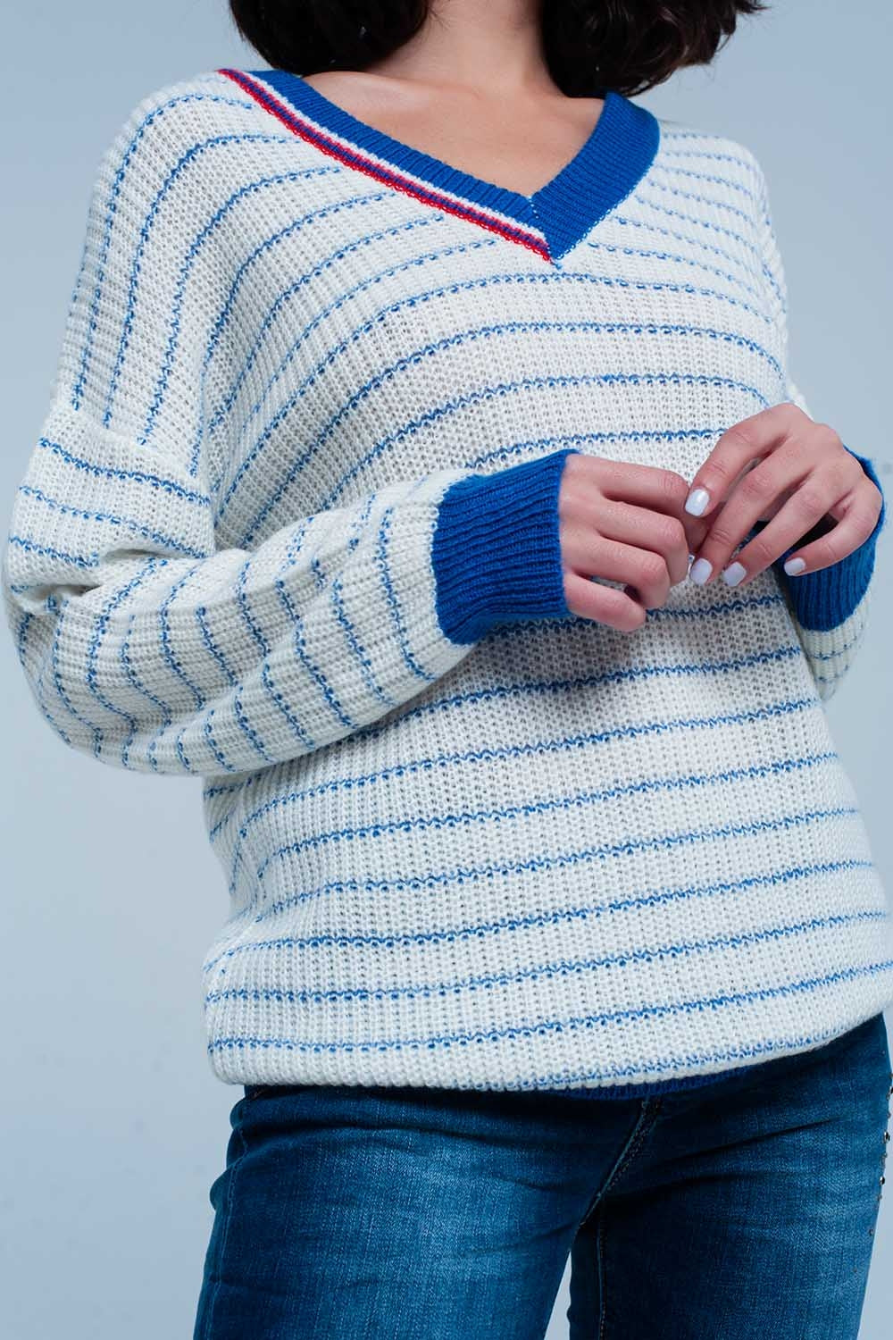 Blue Striped Sweater with V-neck Q2 Sweaters BoutiqueLua