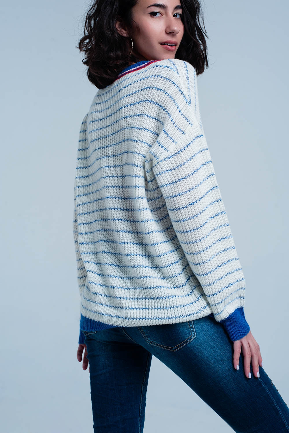 Blue Striped Sweater with V-neck Q2 Sweaters BoutiqueLua