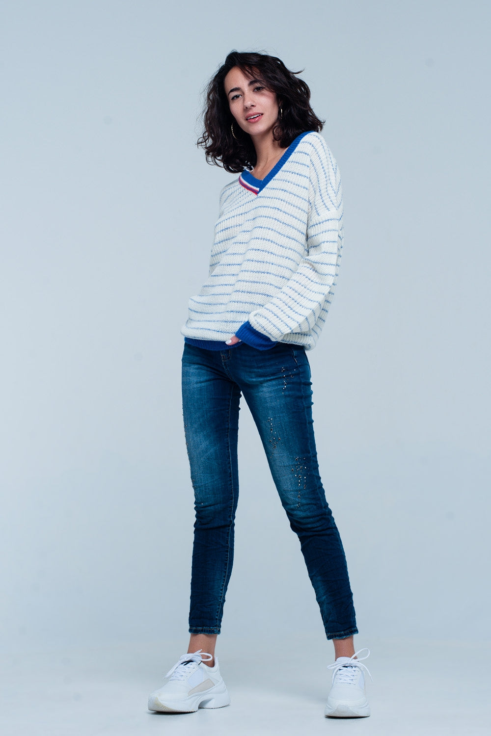 Blue Striped Sweater with V-neck Q2 Sweaters BoutiqueLua