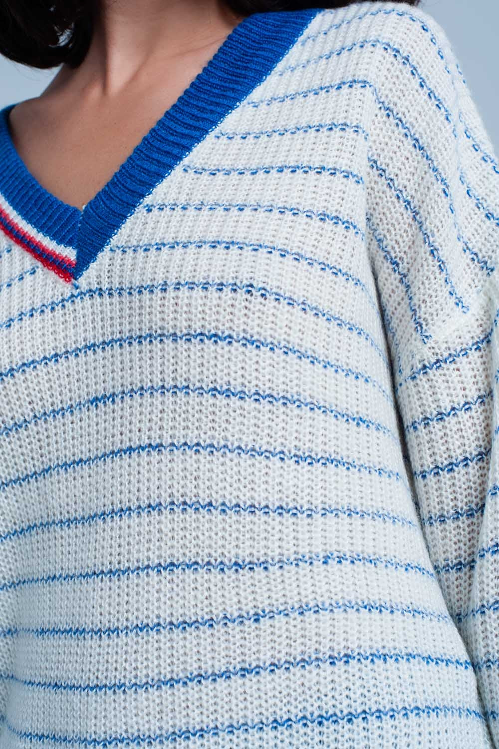 Blue Striped Sweater with V-neck Q2 Sweaters BoutiqueLua