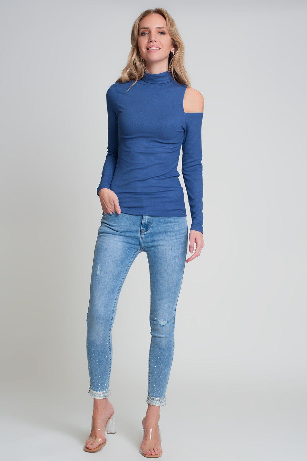 Blue sweater with one open shoulder and high neck Q2 Sweaters BoutiqueLua